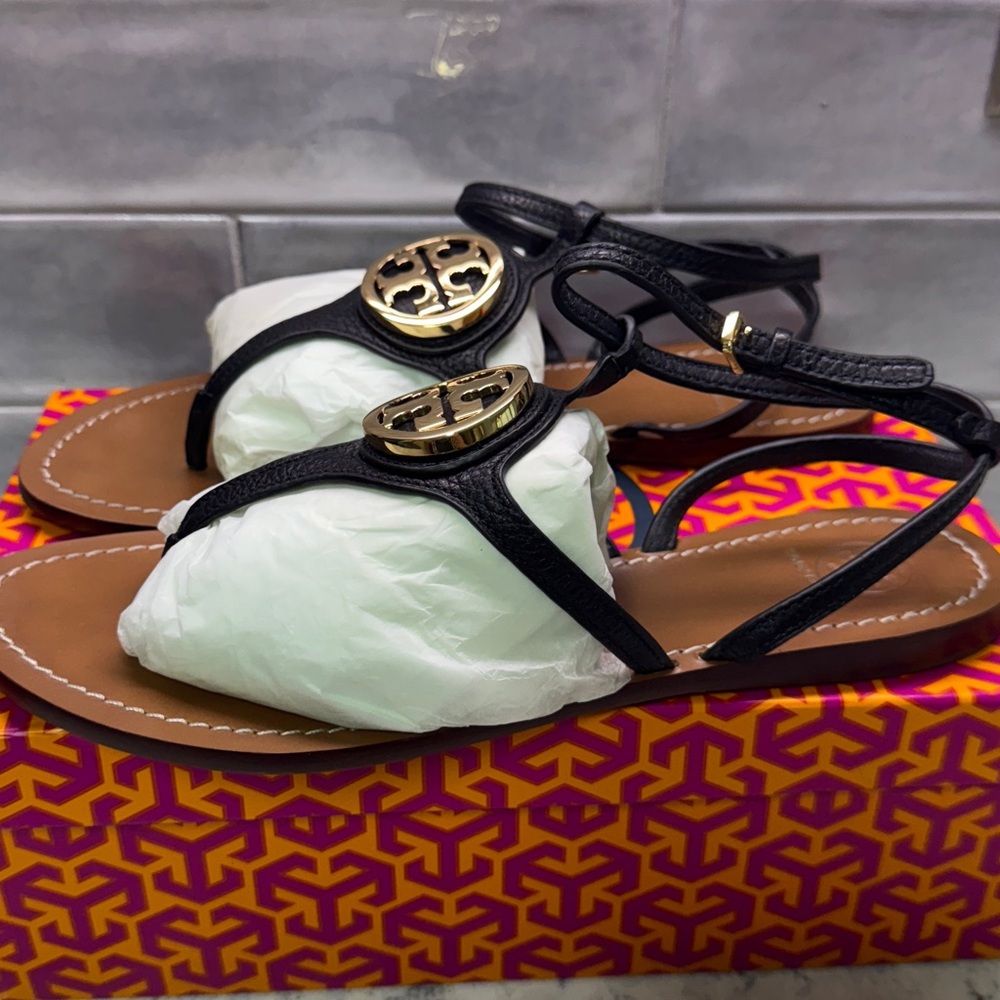 Tory Burch Black & Gold Leather Sandals. Leticia flat tumbled leather. Sz 10.5 - Picture 10 of 13